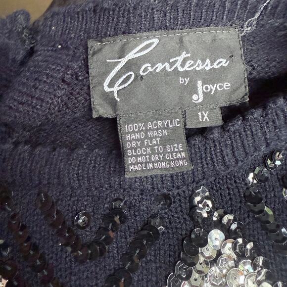 Vintage Contessa by Joyce Sequin Beaded Sweater Black Silver Argyle 1X Acrylic - Picture 9 of 10